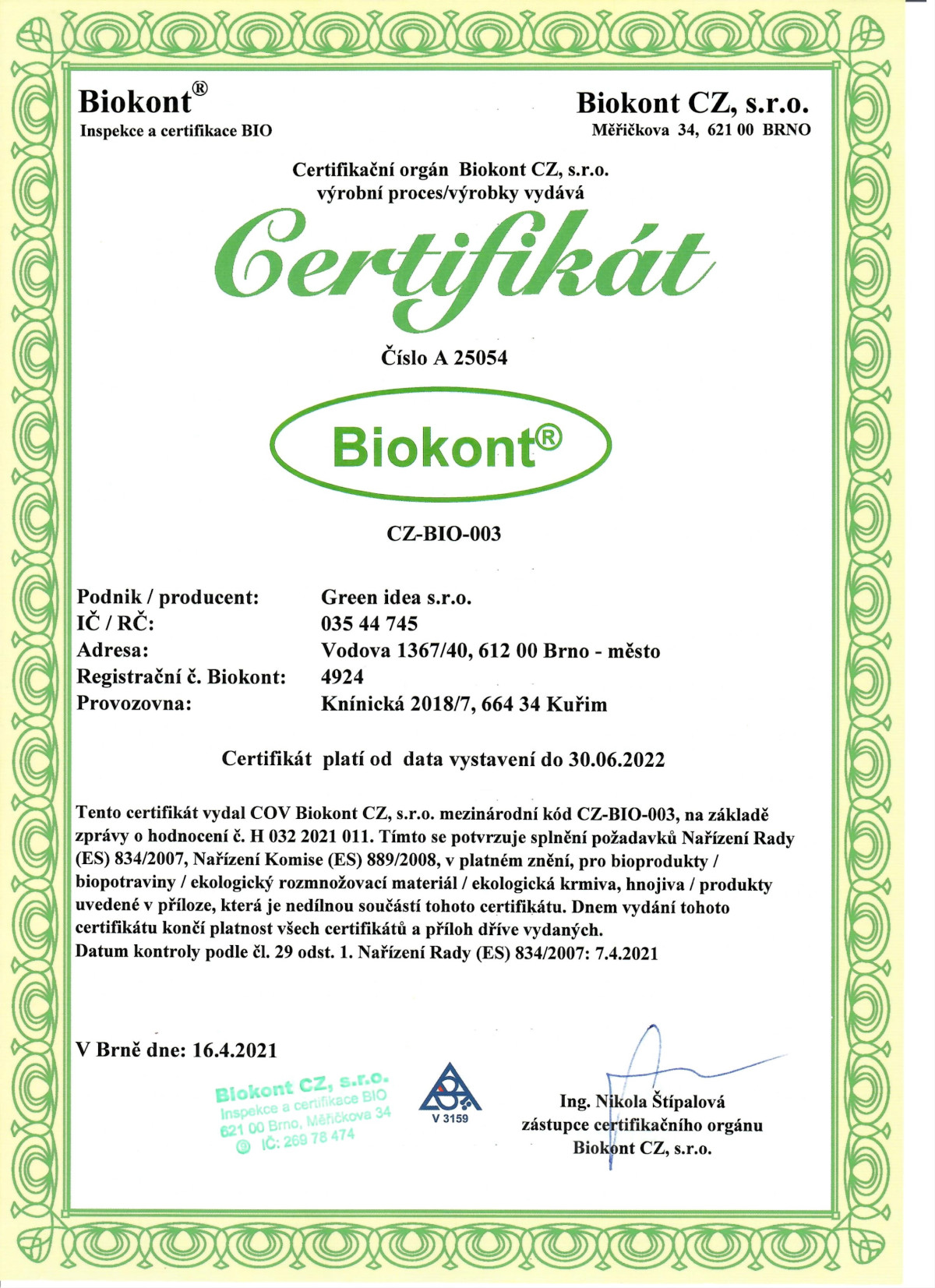 Certifikát - kokosový olej BIO